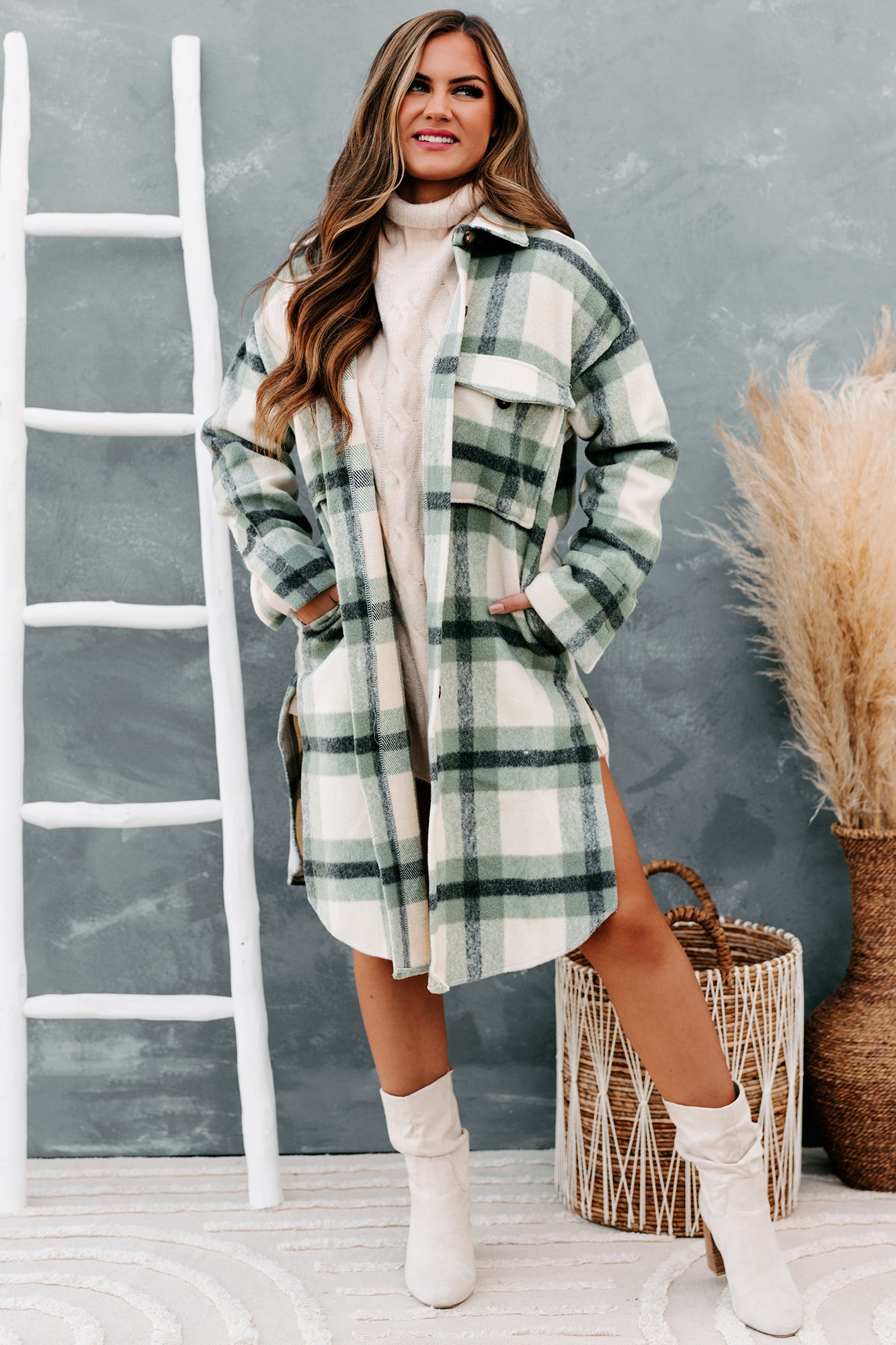 Leaping To Conclusions Plaid Duster Coat (Dark Sage) - NanaMacs