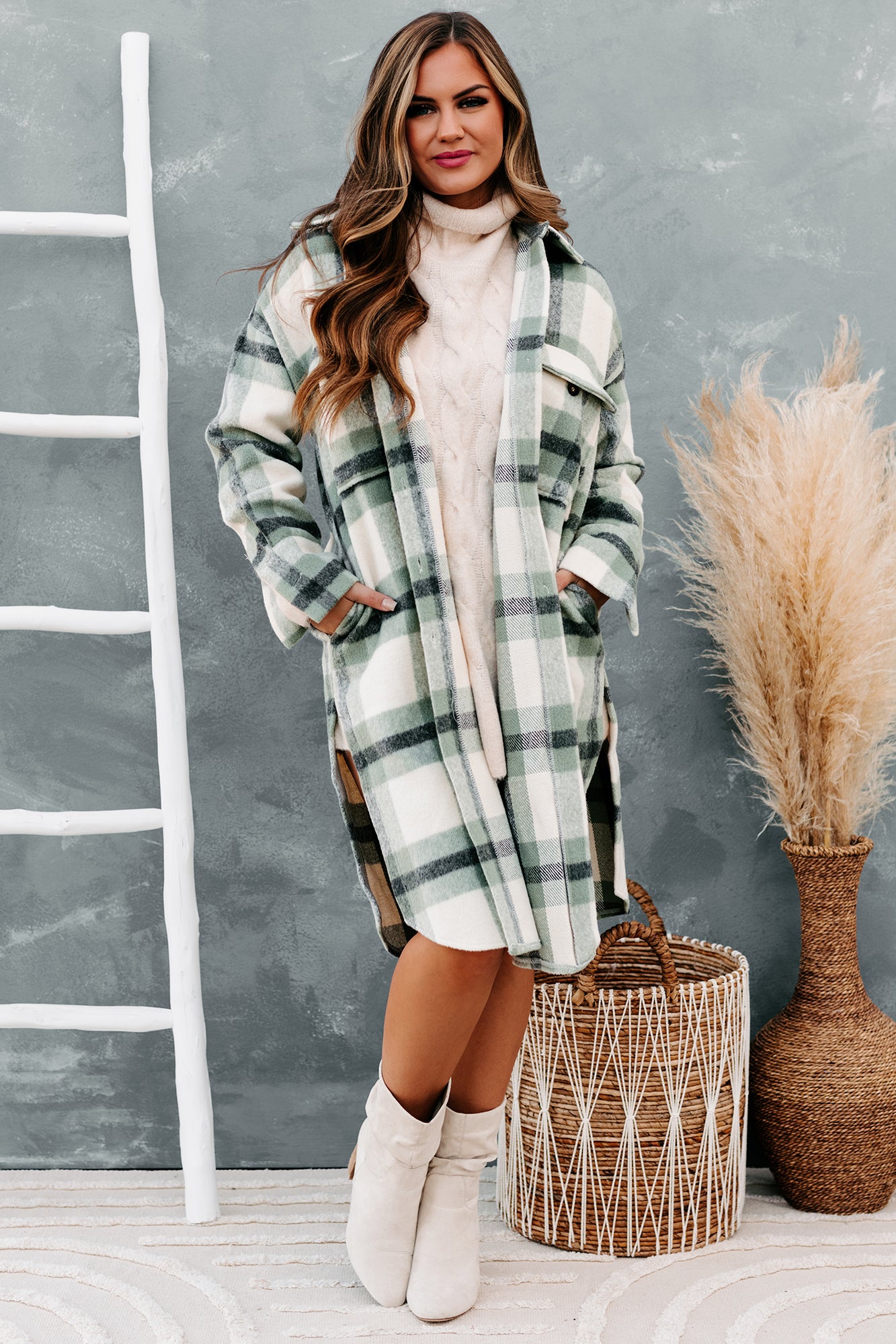 Leaping To Conclusions Plaid Duster Coat (Dark Sage) - NanaMacs