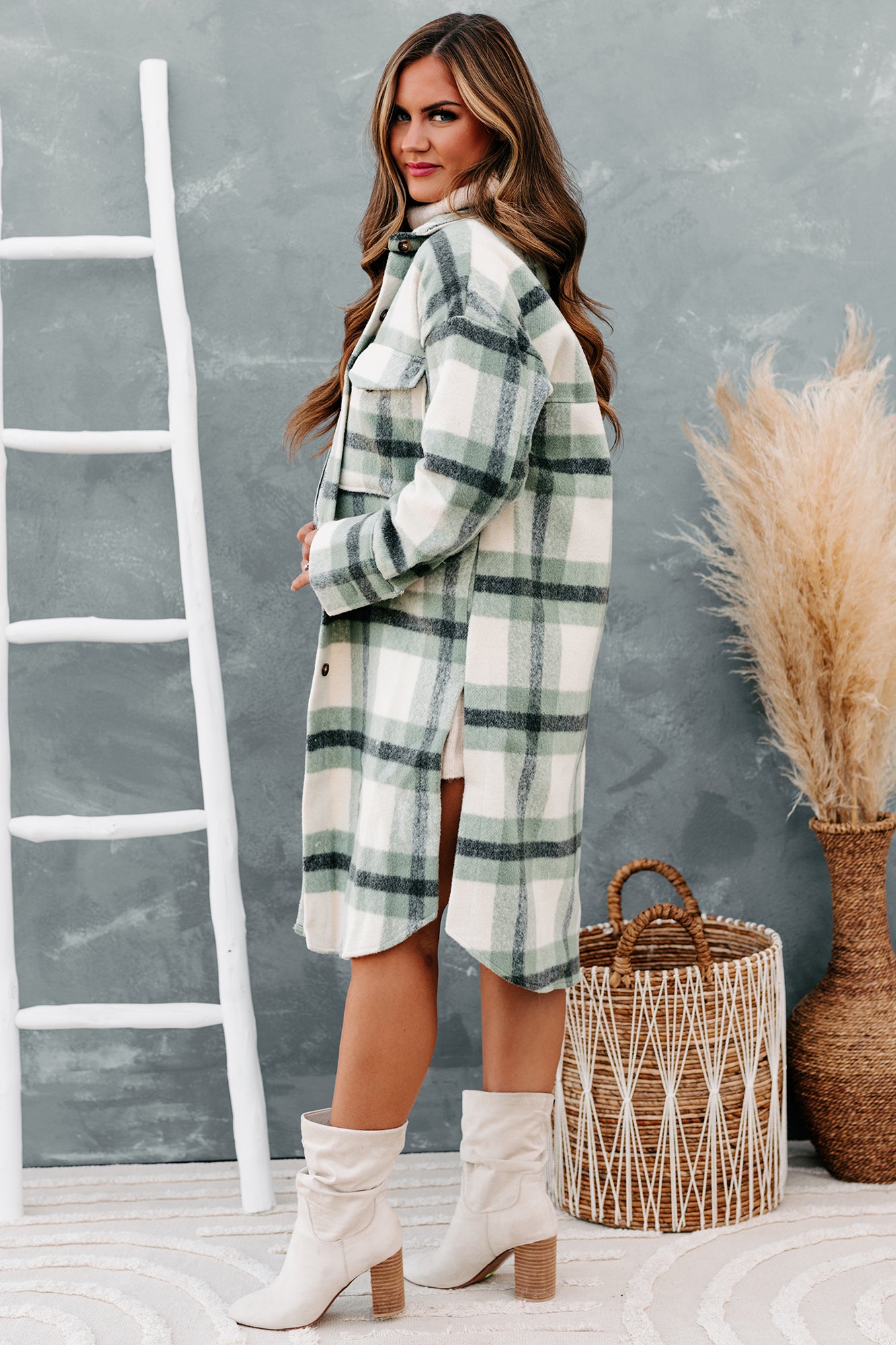 Leaping To Conclusions Plaid Duster Coat (Dark Sage) - NanaMacs