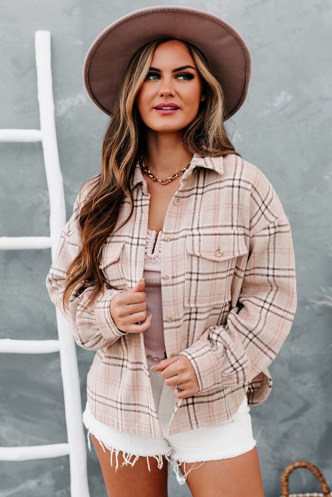 Blue Collar Beauty Oversized Plaid Shacket (Taupe Plaid) - NanaMacs