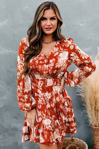 Admired By All Floral Smocked Waist Mini Dress (Rust) - NanaMacs