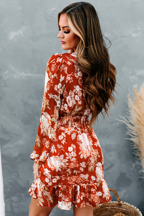 Admired By All Floral Smocked Waist Mini Dress (Rust) - NanaMacs