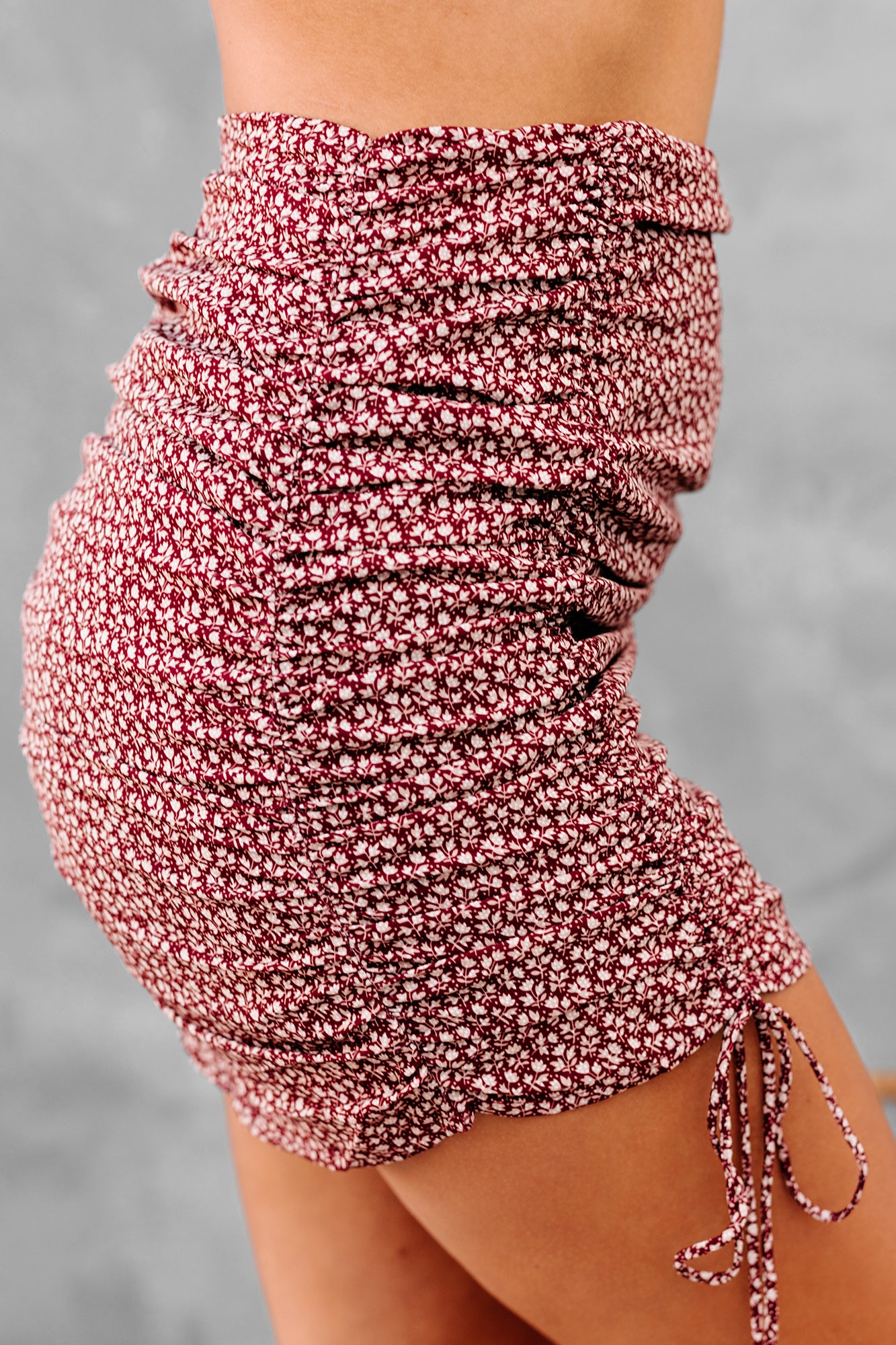Stolen Moments Ruched Floral Mini Skirt (Burgundy) - NanaMacs