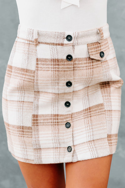 Coffee & Conversation Plaid Button-Down Mini Skirt (Brown) - NanaMacs