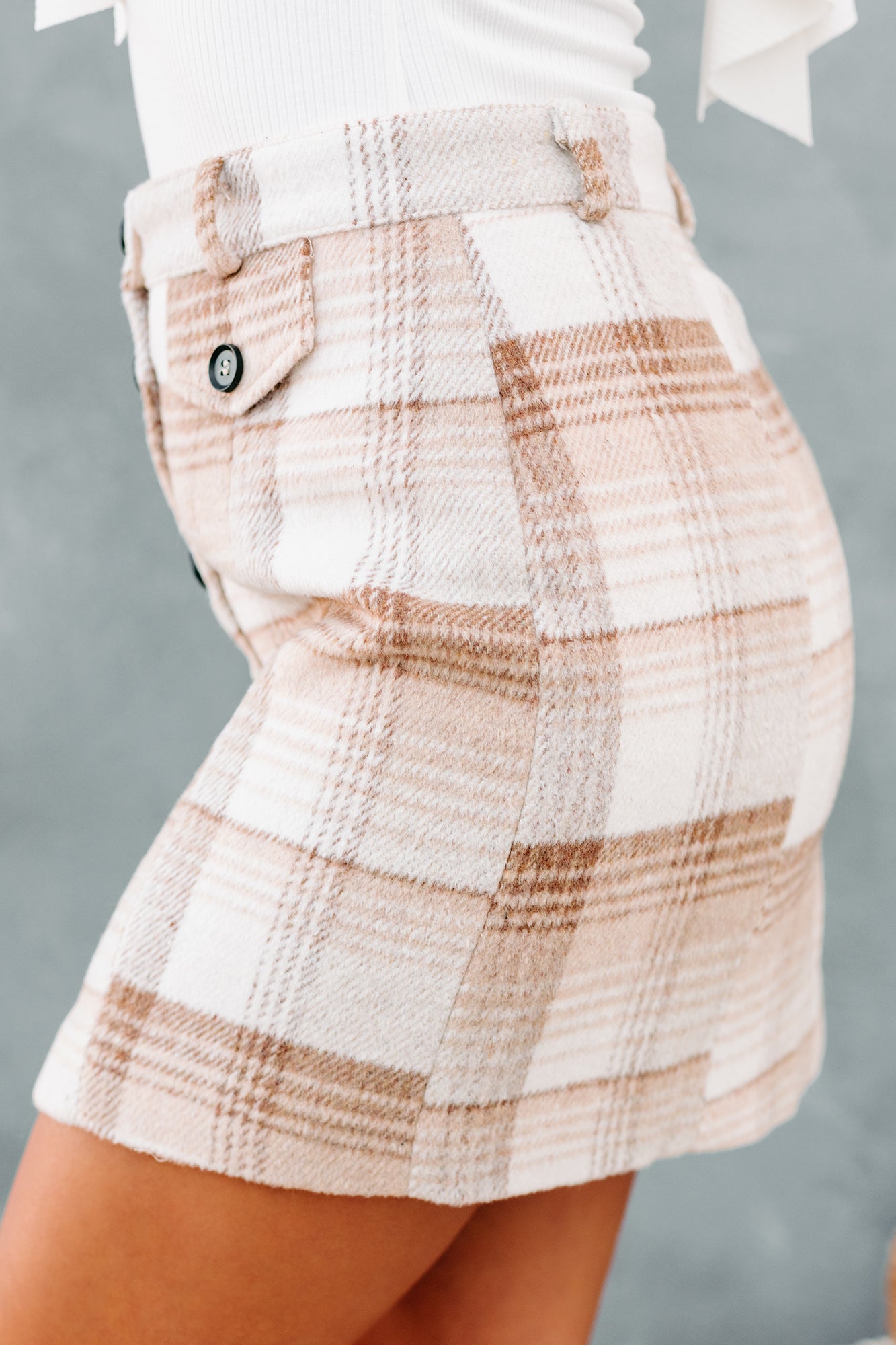 Coffee & Conversation Plaid Button-Down Mini Skirt (Brown) - NanaMacs