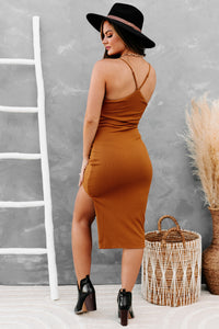 VIP Treatment Ribbed High Slit Bodycon Midi Dress (Tobacco) - NanaMacs