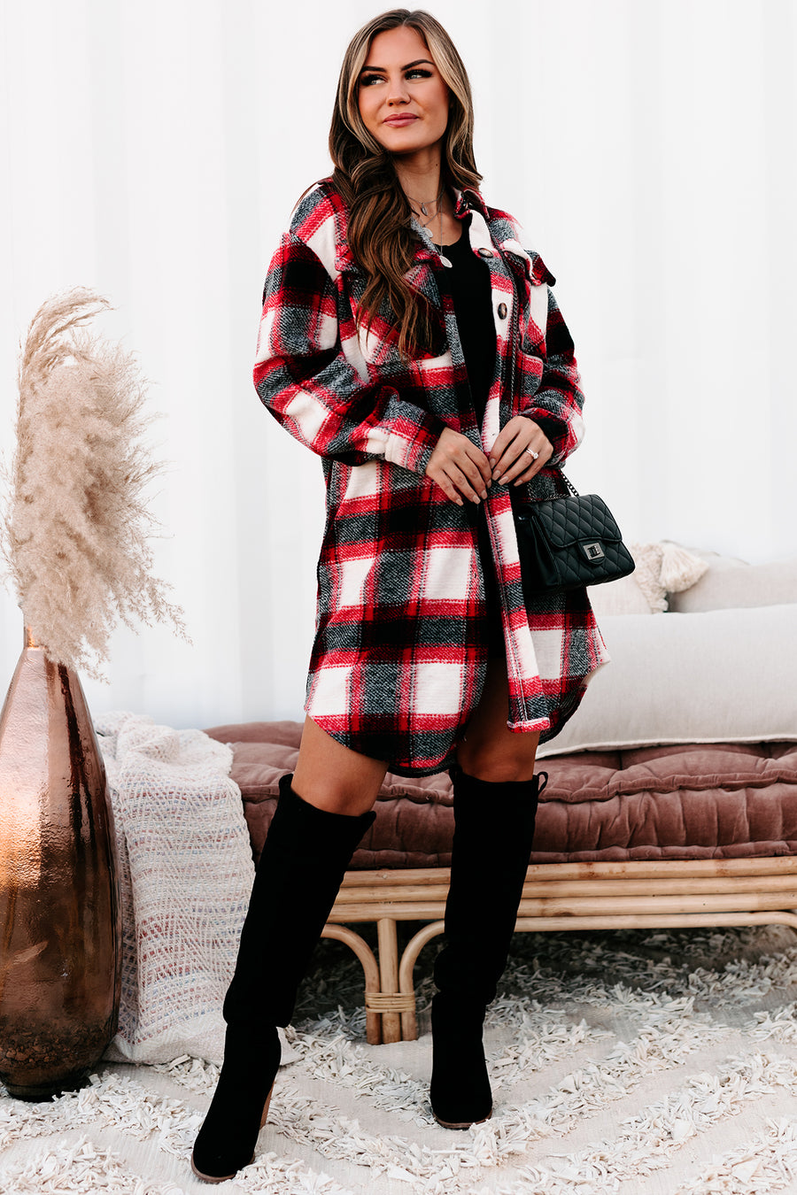 No Plaid Feelings Long Plaid Shacket (Red/Black) - NanaMacs