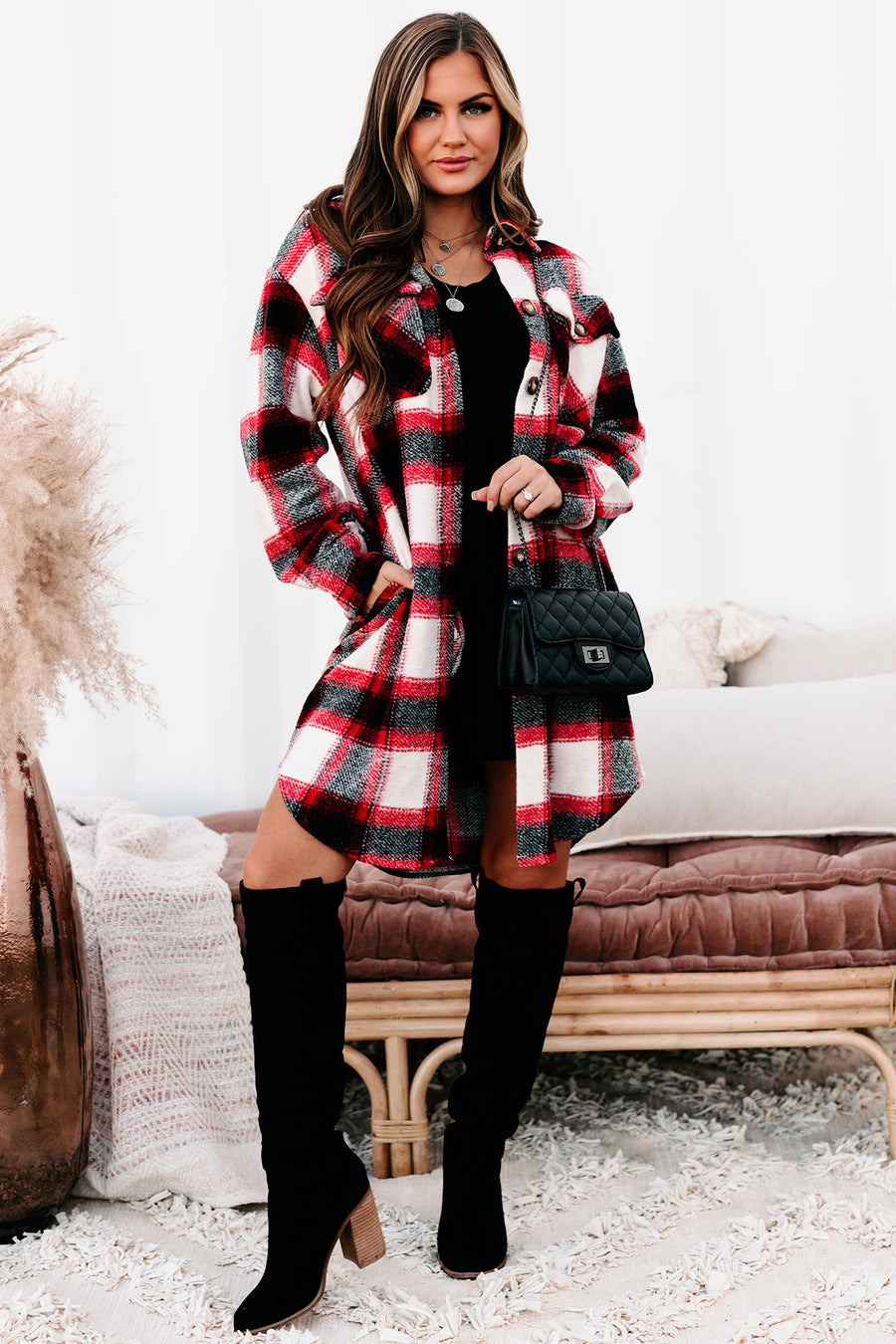 No Plaid Feelings Long Plaid Shacket (Red/Black) - NanaMacs