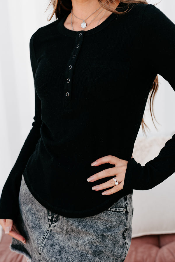 Fostering Friendships Ribbed Long Sleeve Henley Top (Black) - NanaMacs