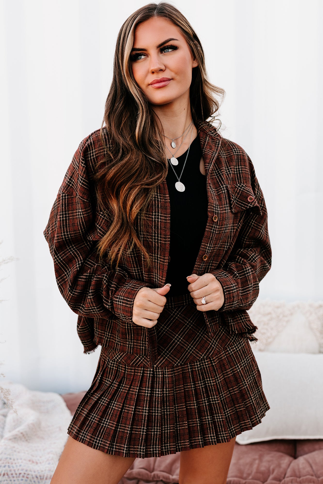 Crushing Hearts Plaid Button-Down Top (Burnt Rust) - NanaMacs