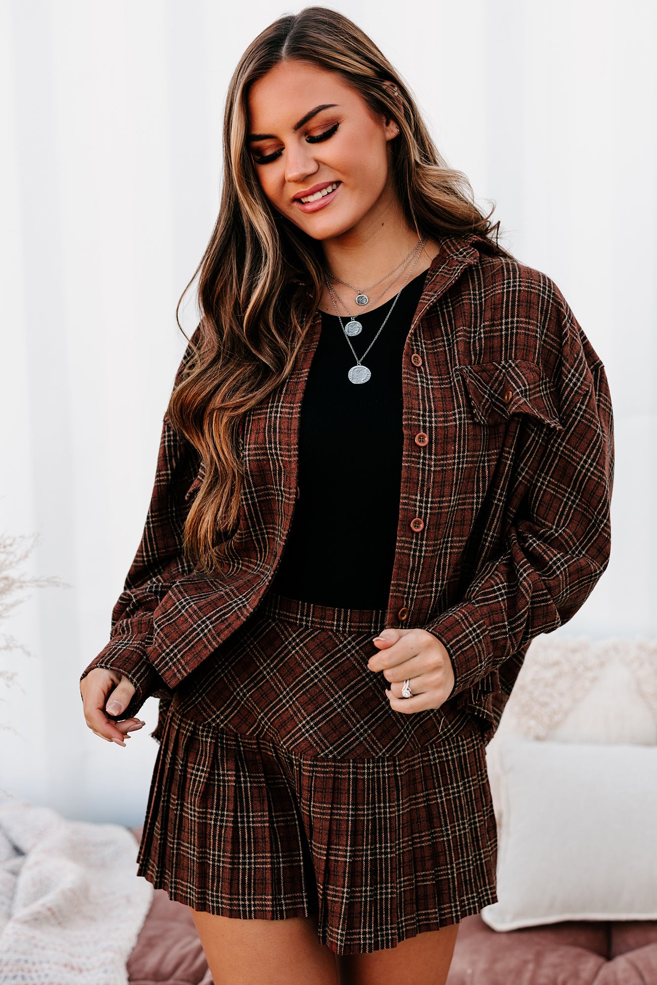 Crushing Hearts Plaid Button-Down Top (Burnt Rust) - NanaMacs