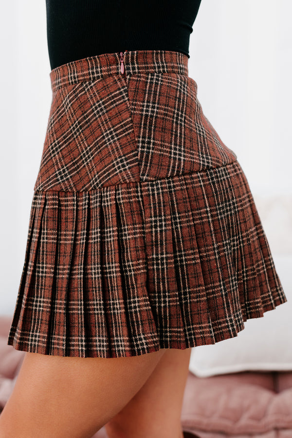 Crushing Hearts Pleated Plaid Mini Skirt (Burnt Rust) - NanaMacs