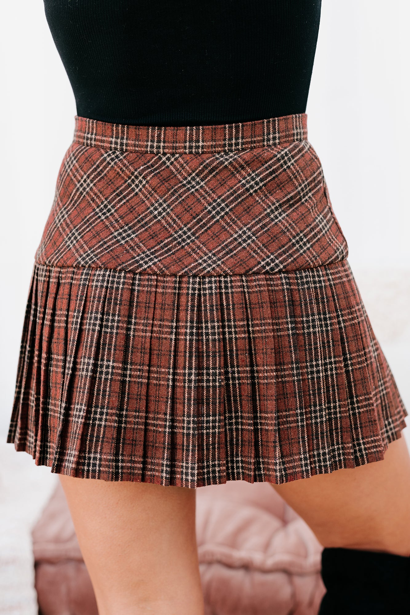 Crushing Hearts Pleated Plaid Mini Skirt (Burnt Rust) - NanaMacs