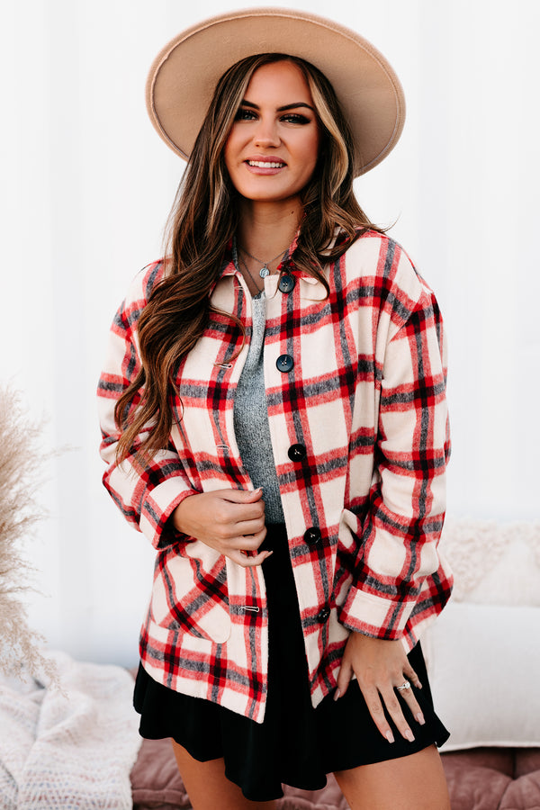 Cross Town Rivalry Oversized Plaid Shacket (Coral) - NanaMacs