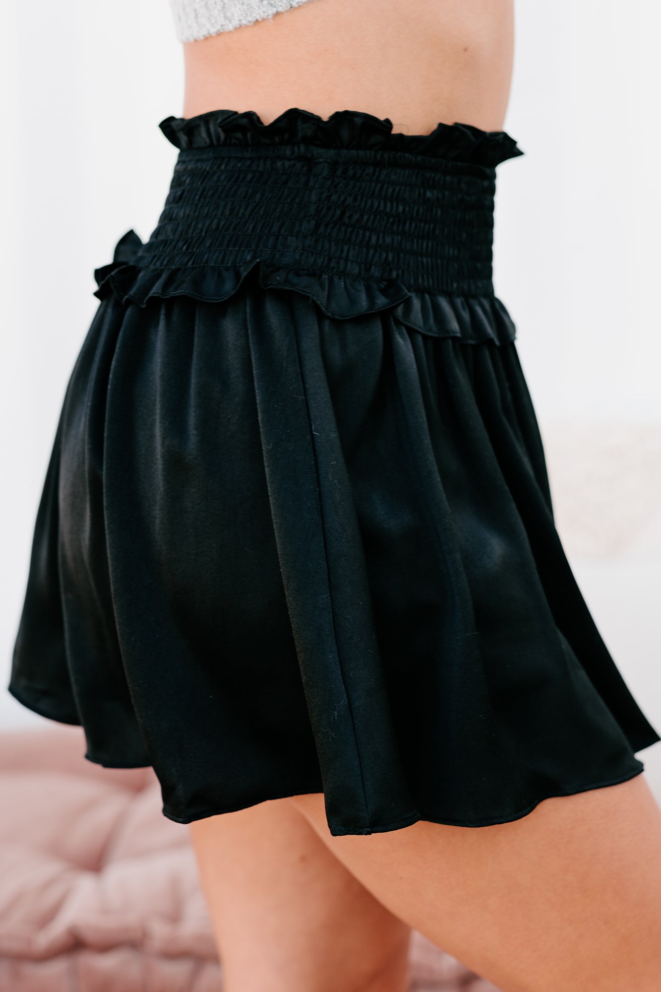 Catch Me There Smocked Satin Skort (Black) - NanaMacs