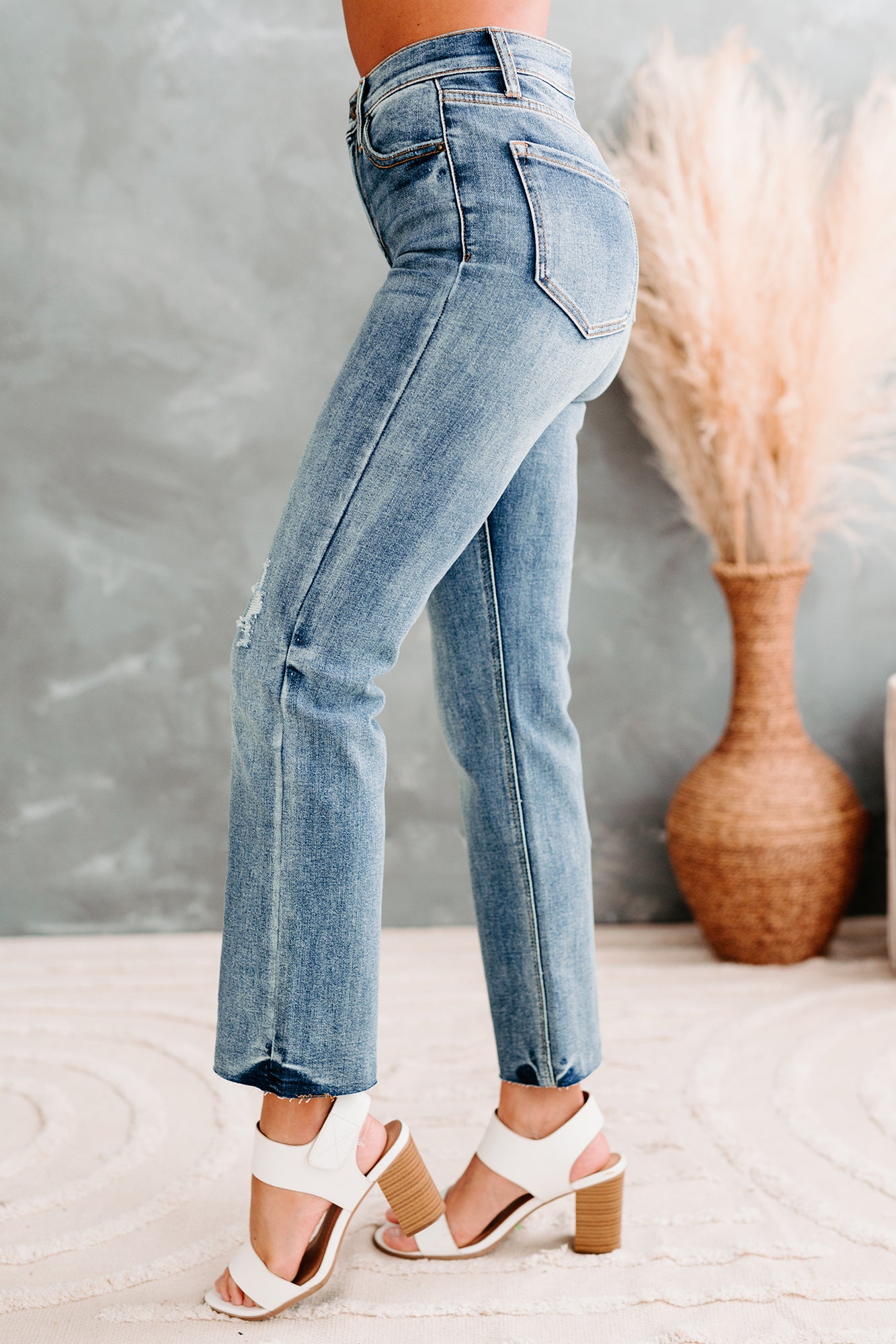 Della High Rise Straight Leg Distressed Sneak Peek Jeans (Medium Light)