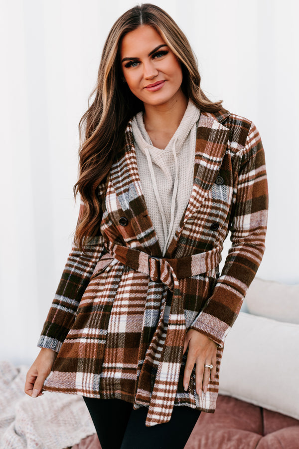 Can't Help But Wonder Belted Plaid Coat (Brown) - NanaMacs