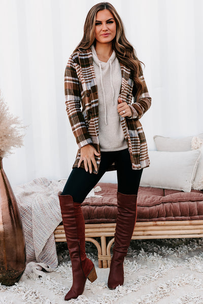 Can't Help But Wonder Belted Plaid Coat (Brown) - NanaMacs