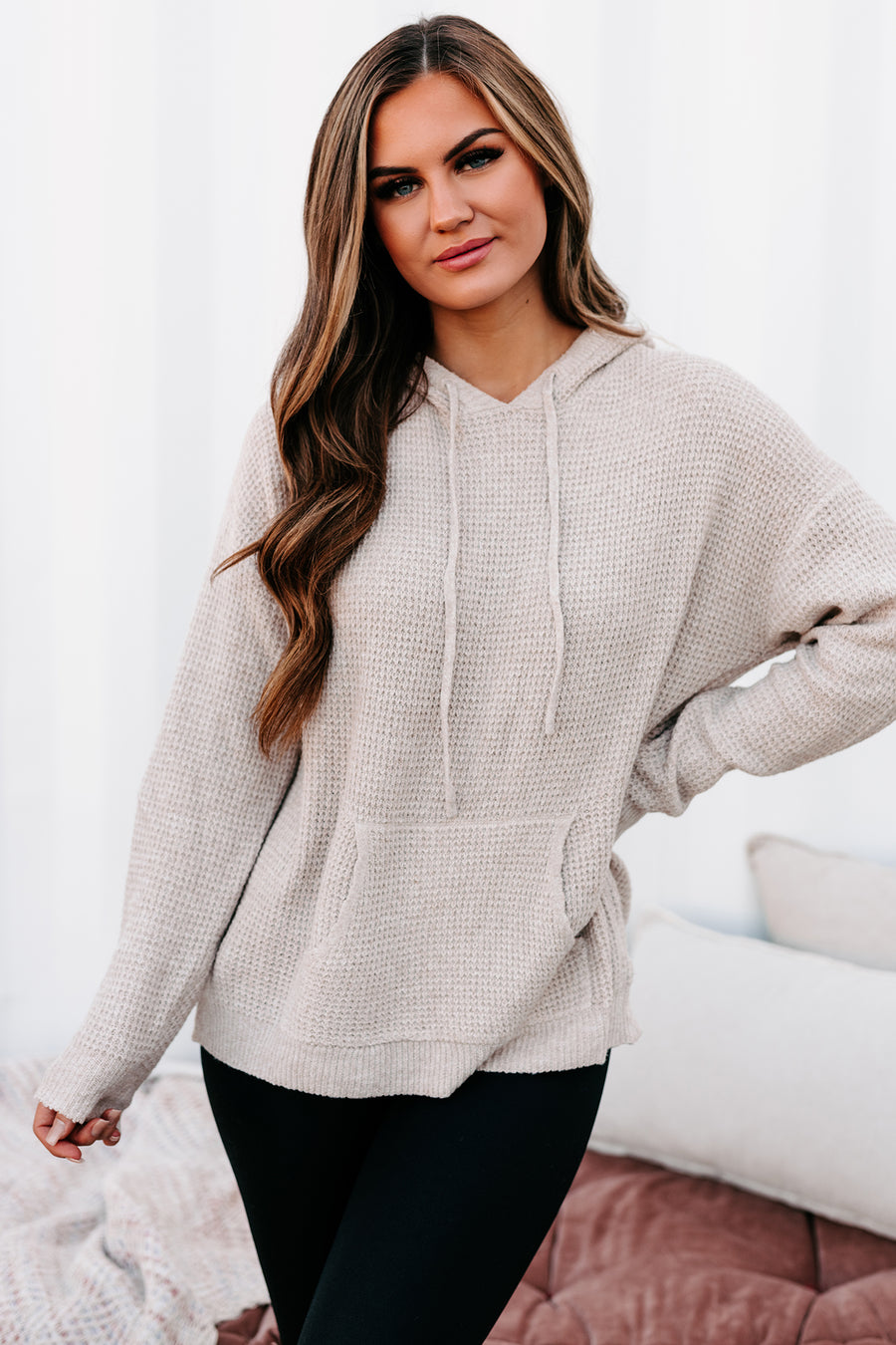 Let's Stay In Hooded Waffle Knit Sweater (Mocha) - NanaMacs