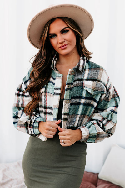 Central Park Scene Cropped Plaid Jacket (Green) - NanaMacs
