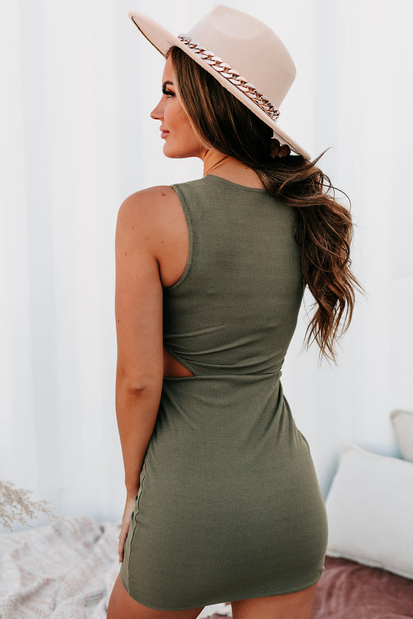 Xanthe Cutout Ribbed Plunging Bodycon Dress (Olive) - NanaMacs