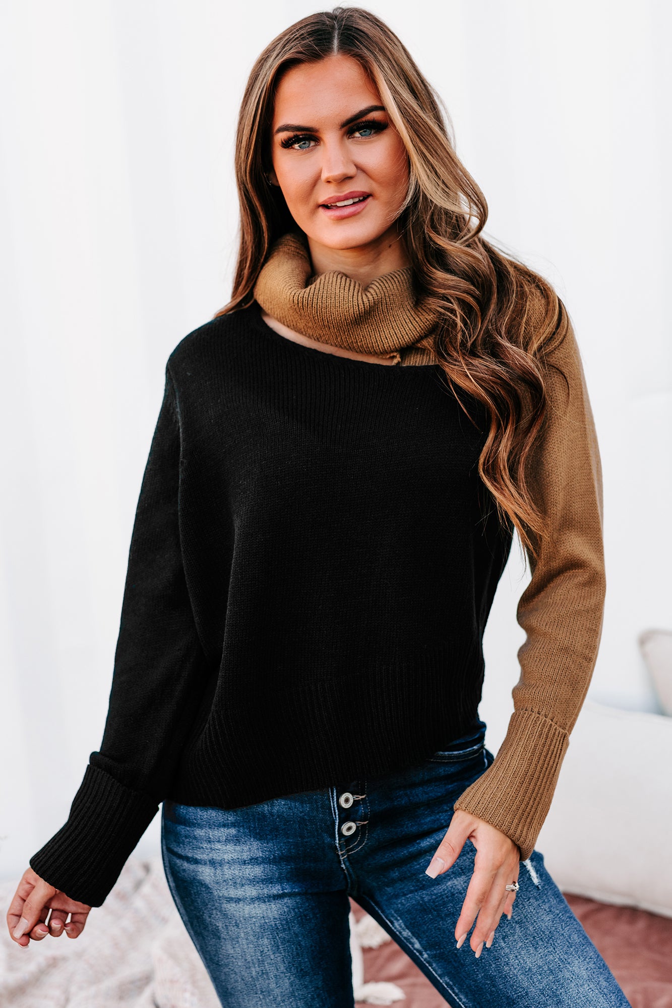 Autumn Is Calling Color Block Turtle Neck Sweater (Black/Mocha) - NanaMacs