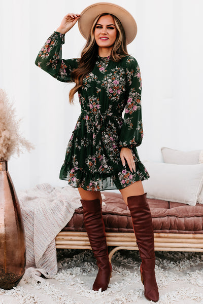 Fashionably Floral Long Sleeve Floral Mini Dress (Sea Green) - NanaMacs