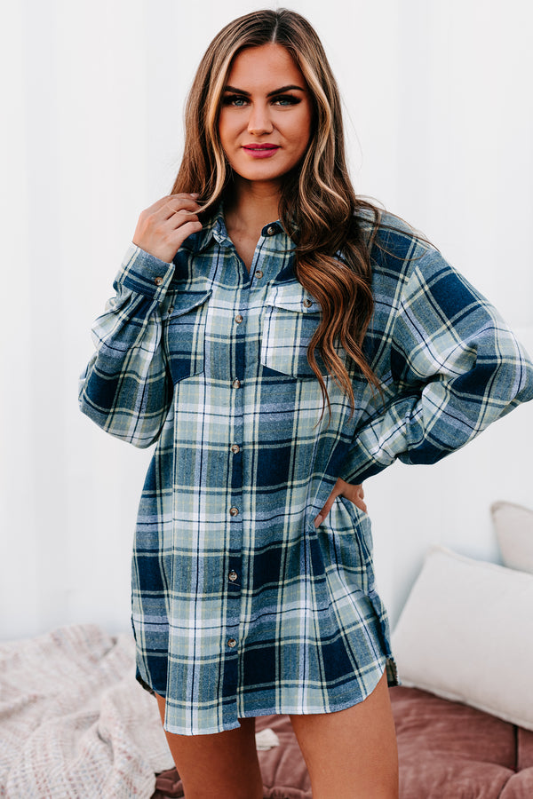 Carefree Confidence Oversized Plaid Button-Down Top (Navy) - NanaMacs
