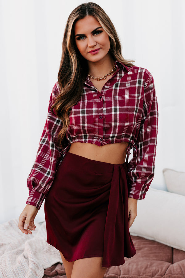 Whiskey River Drawstring Hem Cropped Button-Down (Burgundy) - NanaMacs