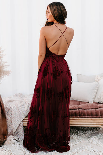 Lust Or Love Floral Mesh Maxi Dress (Wine) - NanaMacs