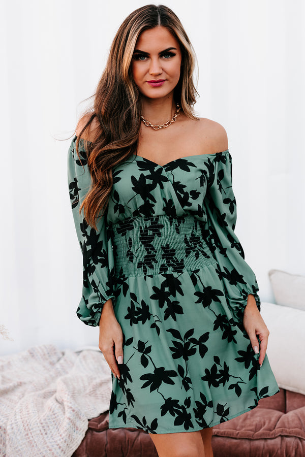 Harvest Love Smocked Waist Floral Dress (Sage/Black) - NanaMacs