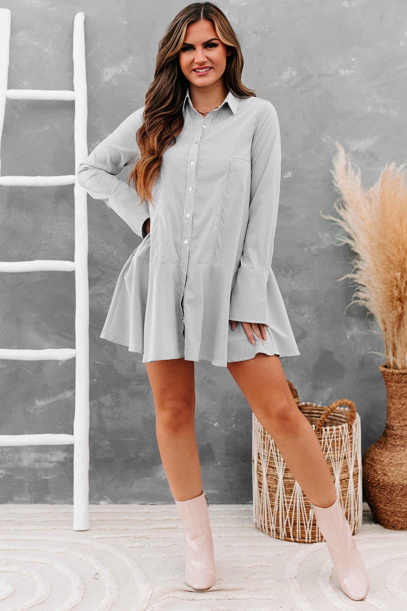 Subtle Drama Long Sleeve Striped Shirt Dress (Black Stripe) - NanaMacs