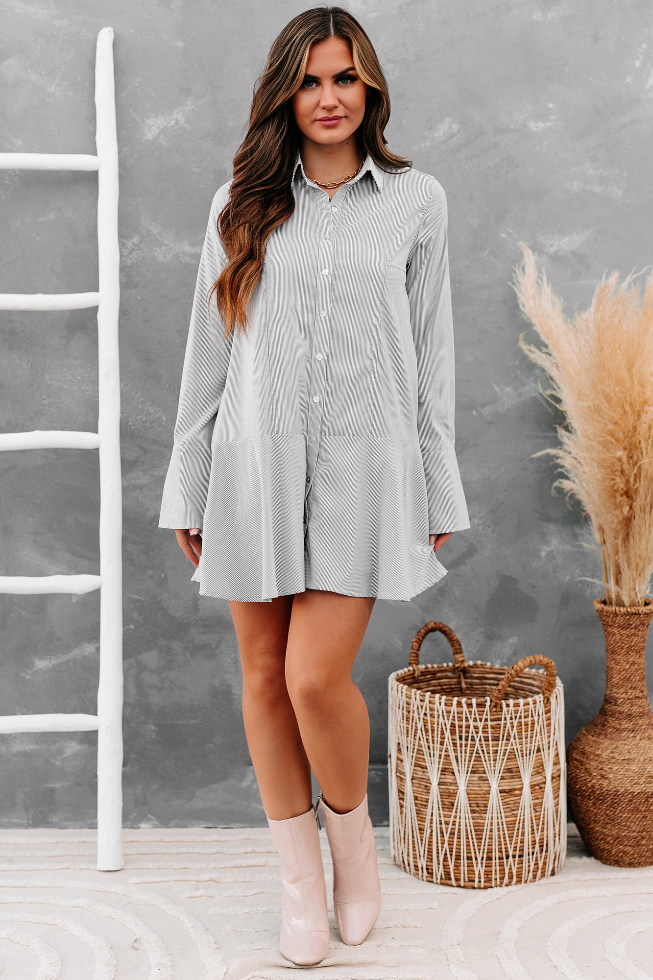 Subtle Drama Long Sleeve Striped Shirt Dress (Black Stripe) - NanaMacs