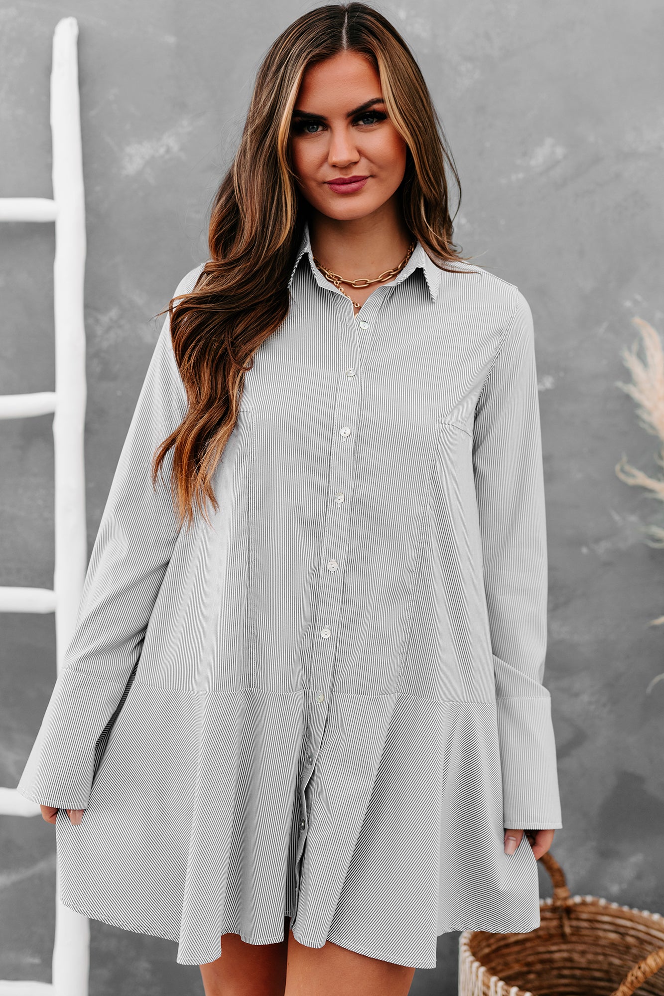 Subtle Drama Long Sleeve Striped Shirt Dress (Black Stripe) - NanaMacs