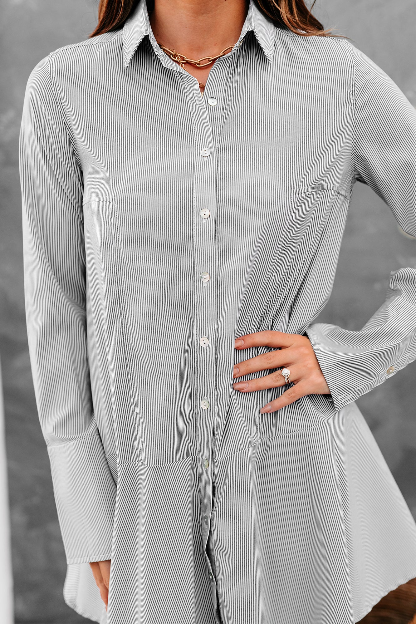 Subtle Drama Long Sleeve Striped Shirt Dress (Black Stripe) - NanaMacs