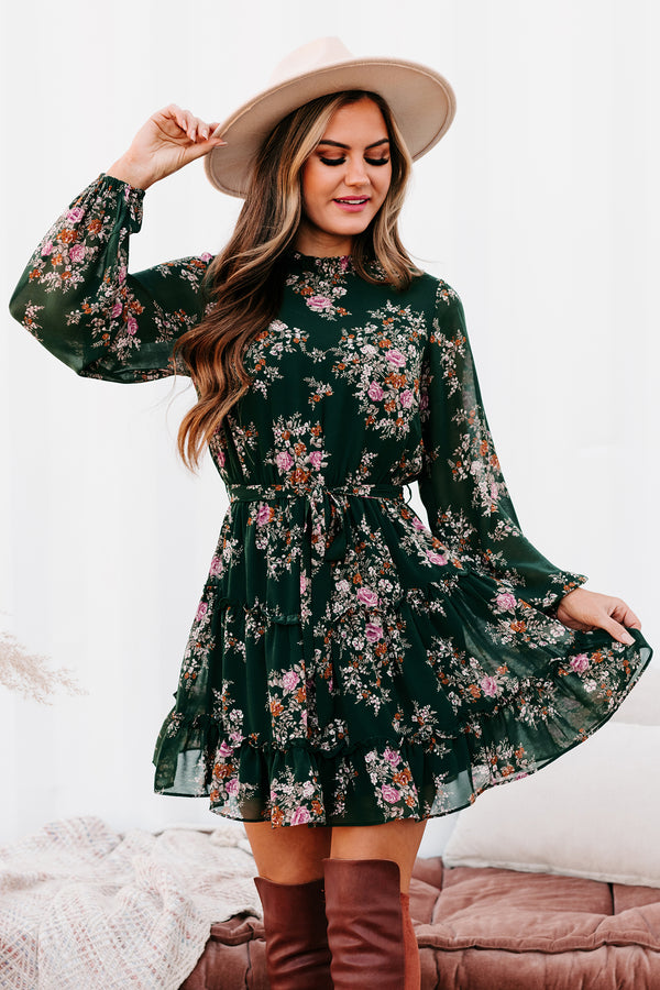 Fashionably Floral Long Sleeve Floral Mini Dress (Sea Green) - NanaMacs
