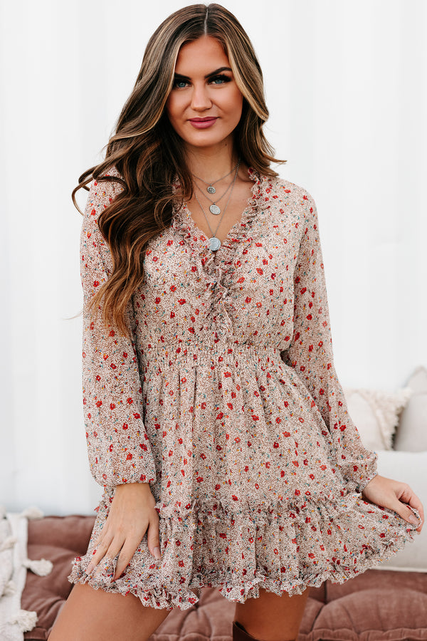 Last Minute Reveal Ruffle Printed Mini Dress (Natural) - NanaMacs