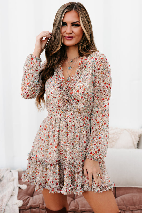 Last Minute Reveal Ruffle Printed Mini Dress (Natural) - NanaMacs