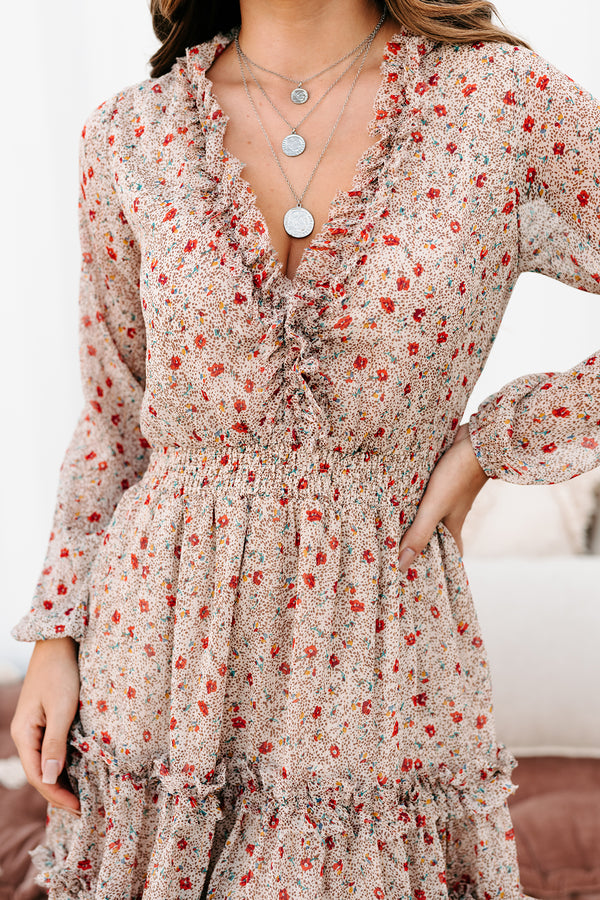 Last Minute Reveal Ruffle Printed Mini Dress (Natural) - NanaMacs