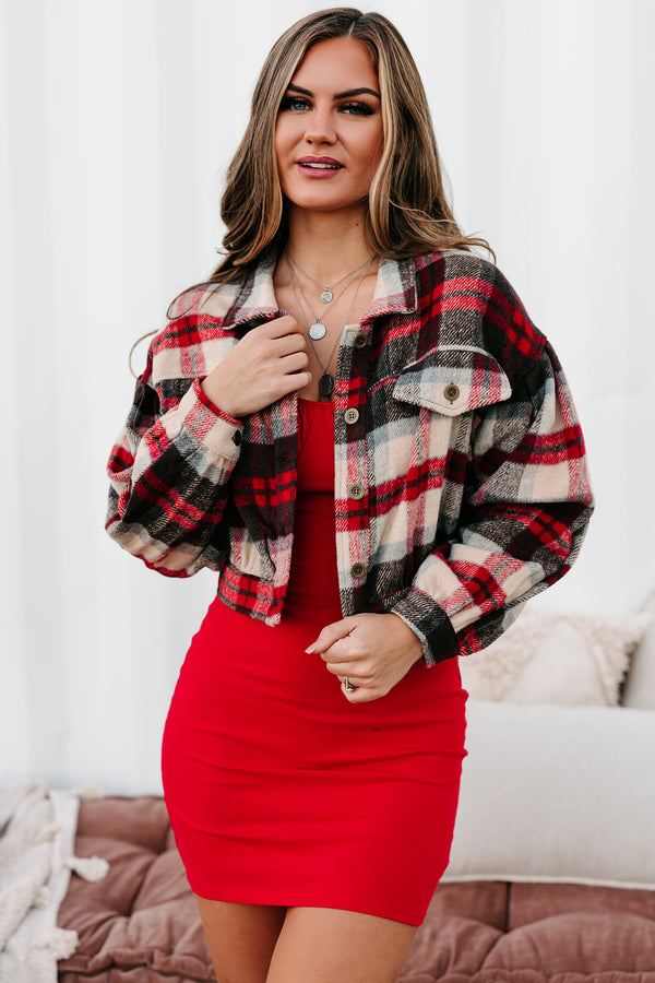 Central Park Scene Cropped Plaid Jacket (Red) - NanaMacs