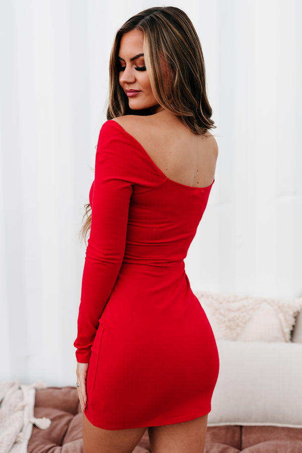 "Where's The Party" Long Sleeve Bodycon Mini Dress (Red) - NanaMacs