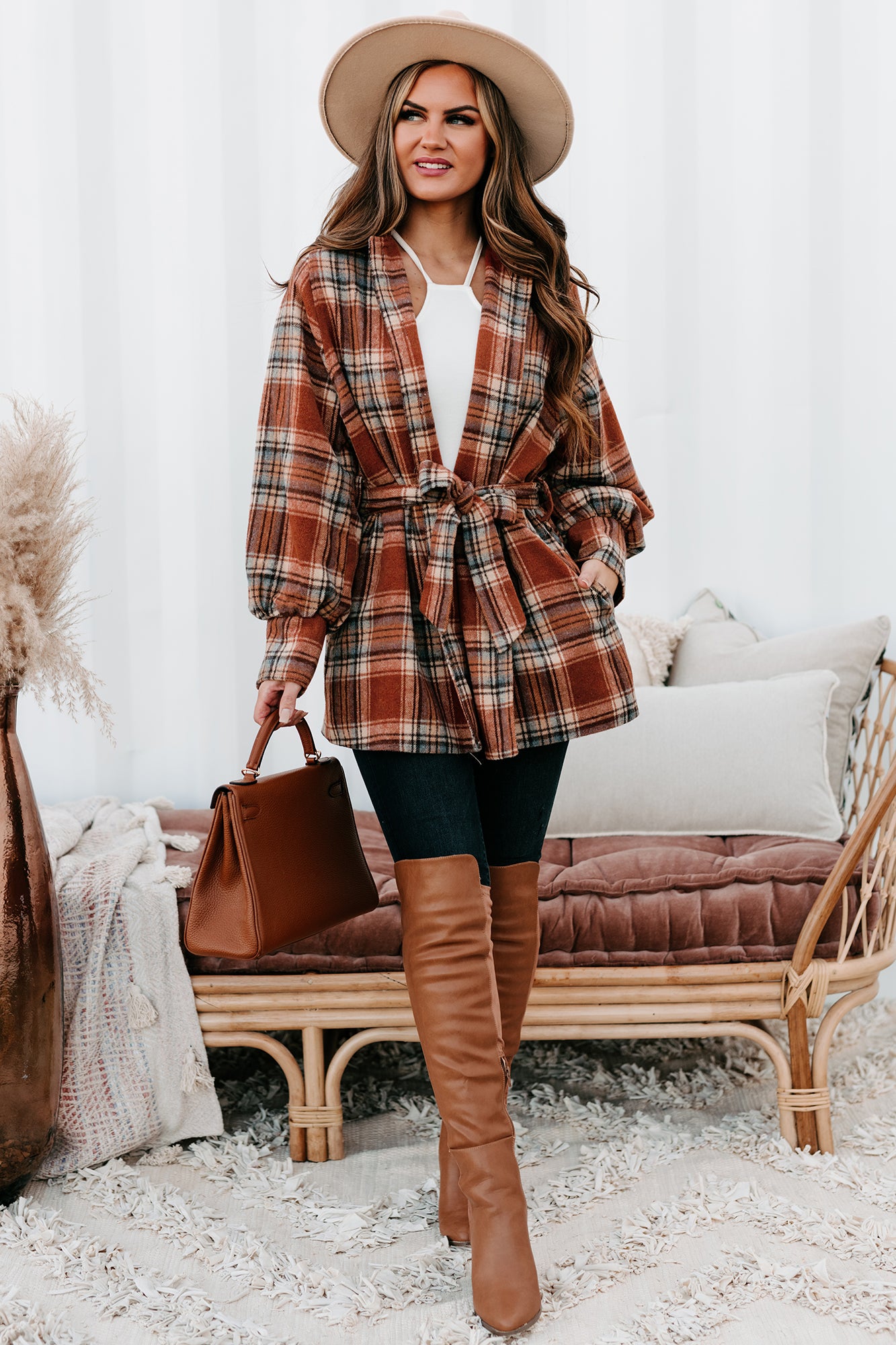 Belted shop plaid coat