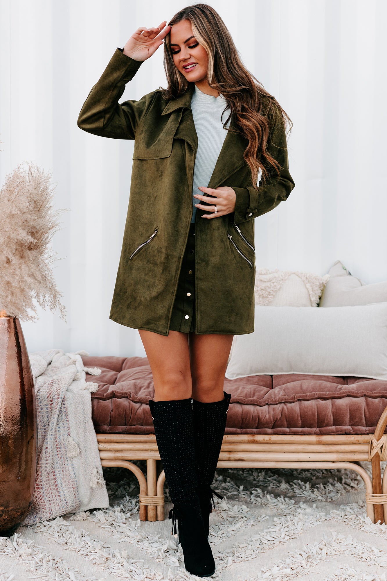 In The Trenches Faux Suede Coat (Olive) - NanaMacs