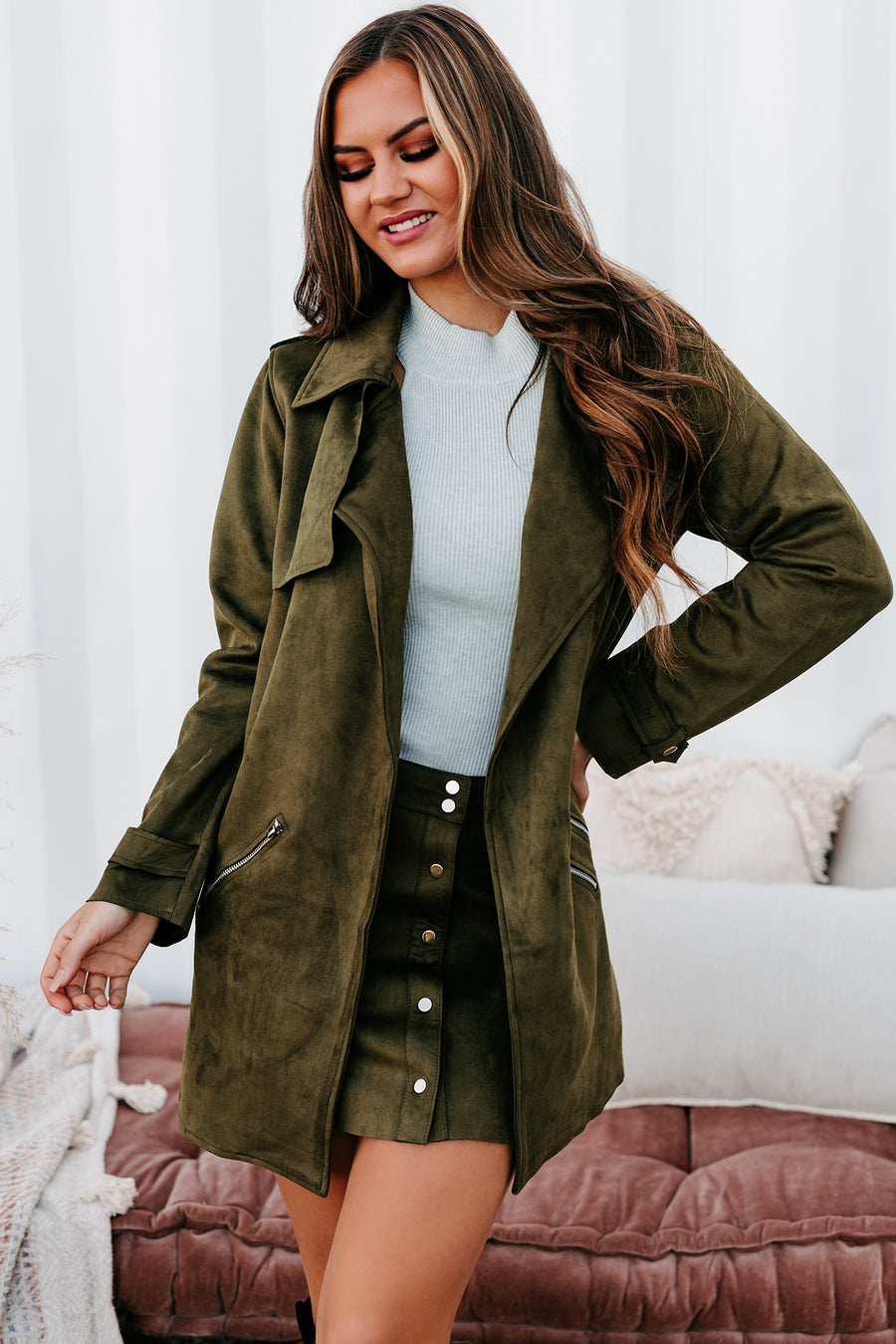 In The Trenches Faux Suede Coat (Olive) - NanaMacs