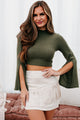 Topic Of Discussion Mock Neck Slit Sleeve Crop Top (Olive) - NanaMacs