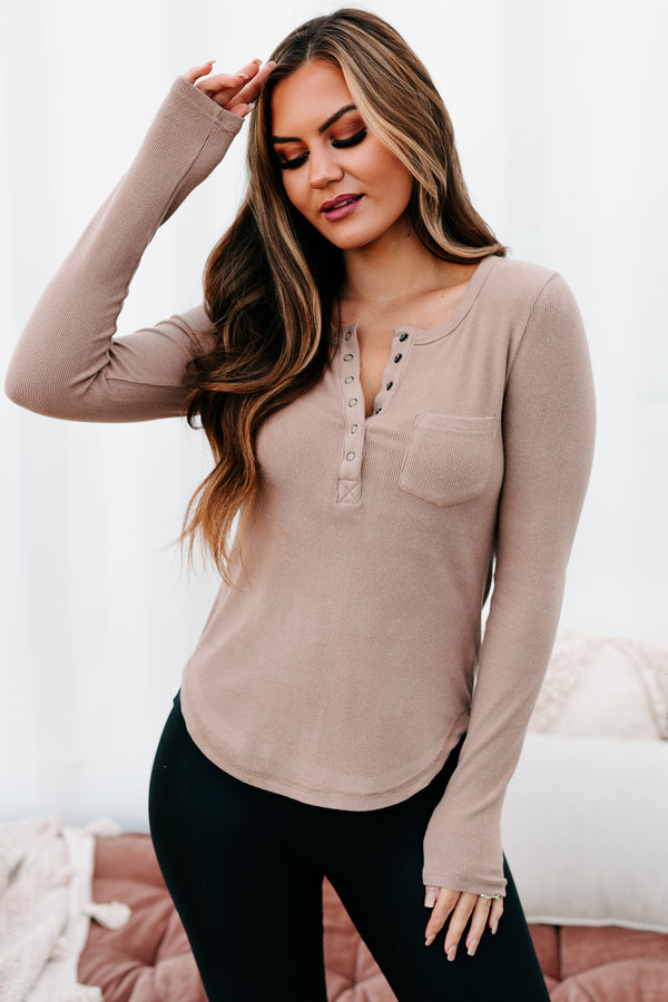 Fostering Friendships Ribbed Long Sleeve Henley Top (Taupe) - NanaMacs