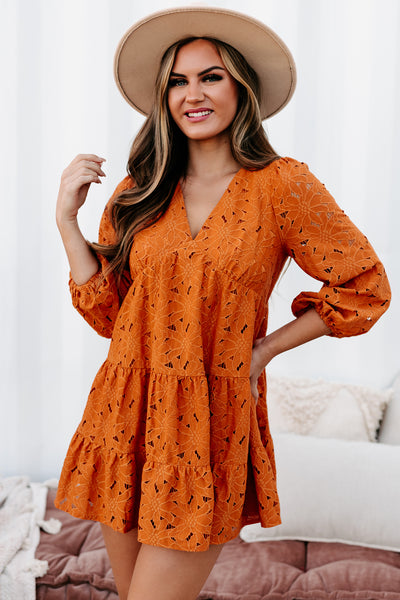 Cute As A Pumpkin Woven Lace Bubble Sleeve Tiered Dress (Pumpkin) - NanaMacs