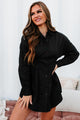"Profresh" Pleated Long Sleeve Shirt Dress (Black) - NanaMacs