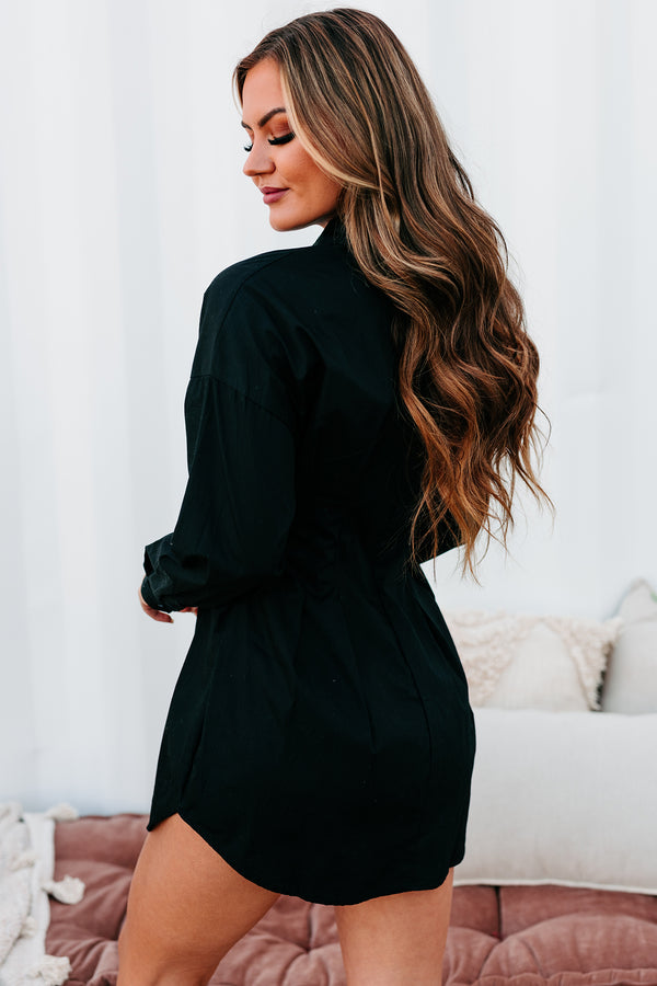 "Profresh" Pleated Long Sleeve Shirt Dress (Black) - NanaMacs