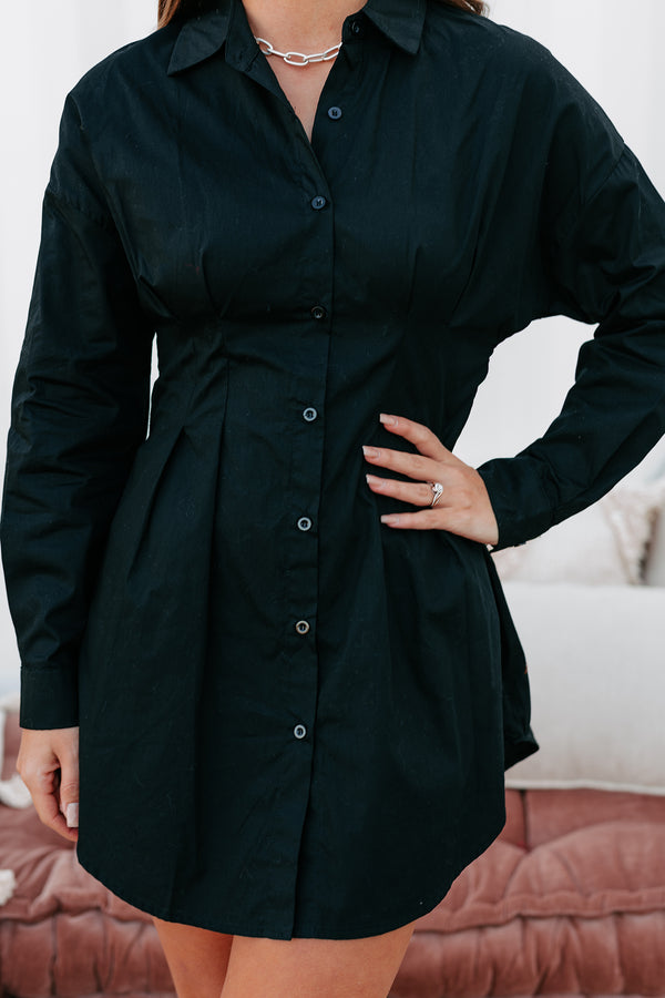 "Profresh" Pleated Long Sleeve Shirt Dress (Black) - NanaMacs